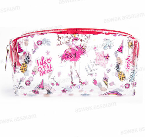 TROUSSE A CRAYONS A FERMETURE ECLAIR TRANSPARENTE MOTIF FLAMINGO 18,5*9*6CM VUKI