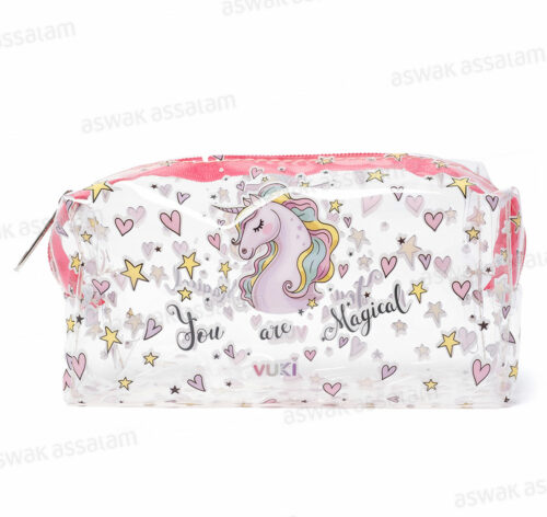 TROUSSE A CRAYONS A FERMETURE ECLAIR TRANSPARENTE MOTIF LICORNE 18,5*9*6CM VUKI